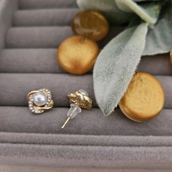14k real gold over 925 sterling silver earrings, upscale CZ and pearl twist. - Picture 2 of 5